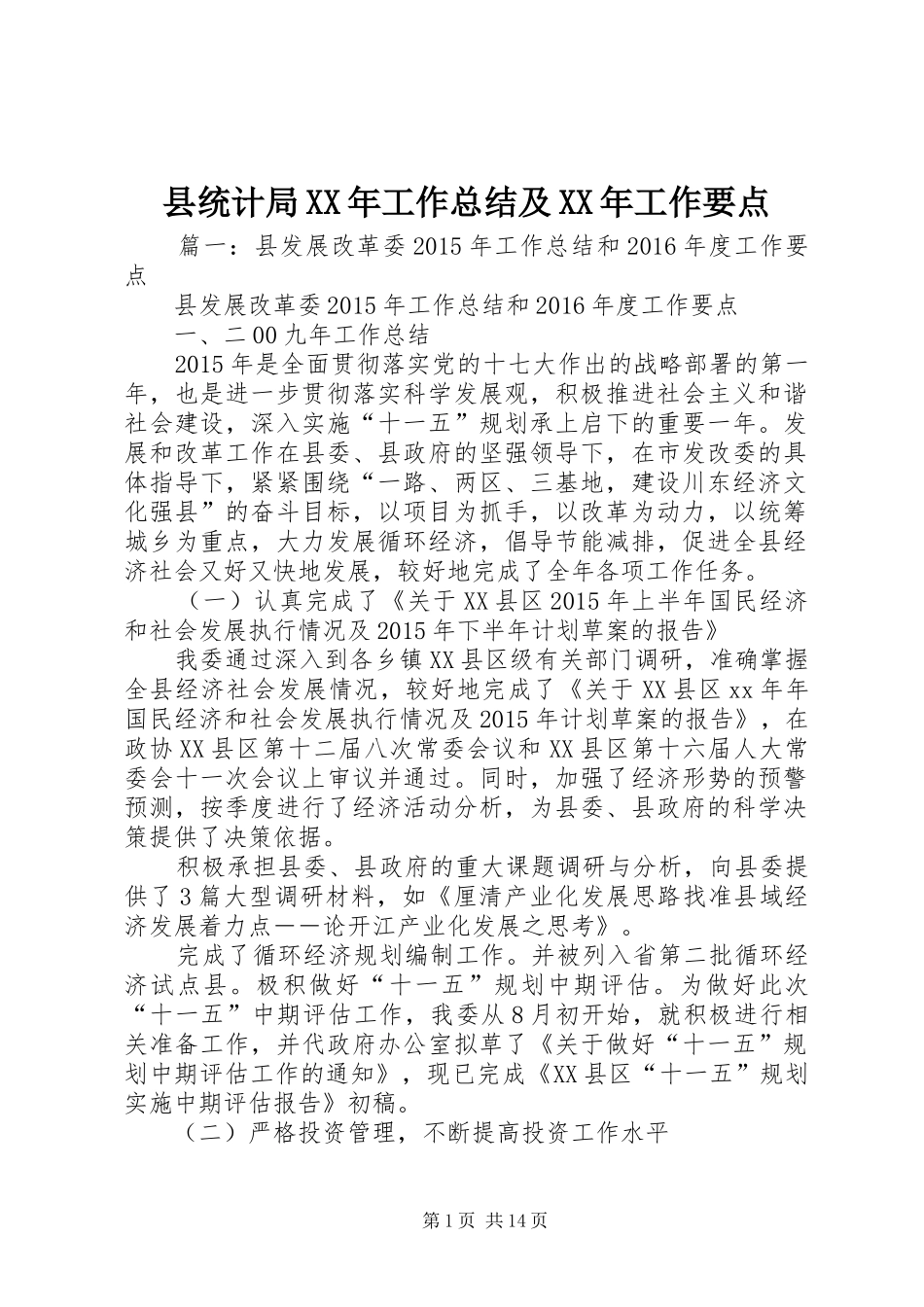 县统计局XX年工作总结及XX年工作要点_第1页