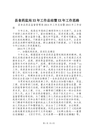 县食药监局XX年工作总结暨XX年工作思路