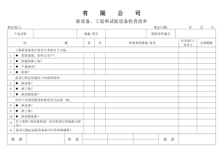 APQP新设备、工装和试验设备检查清单
