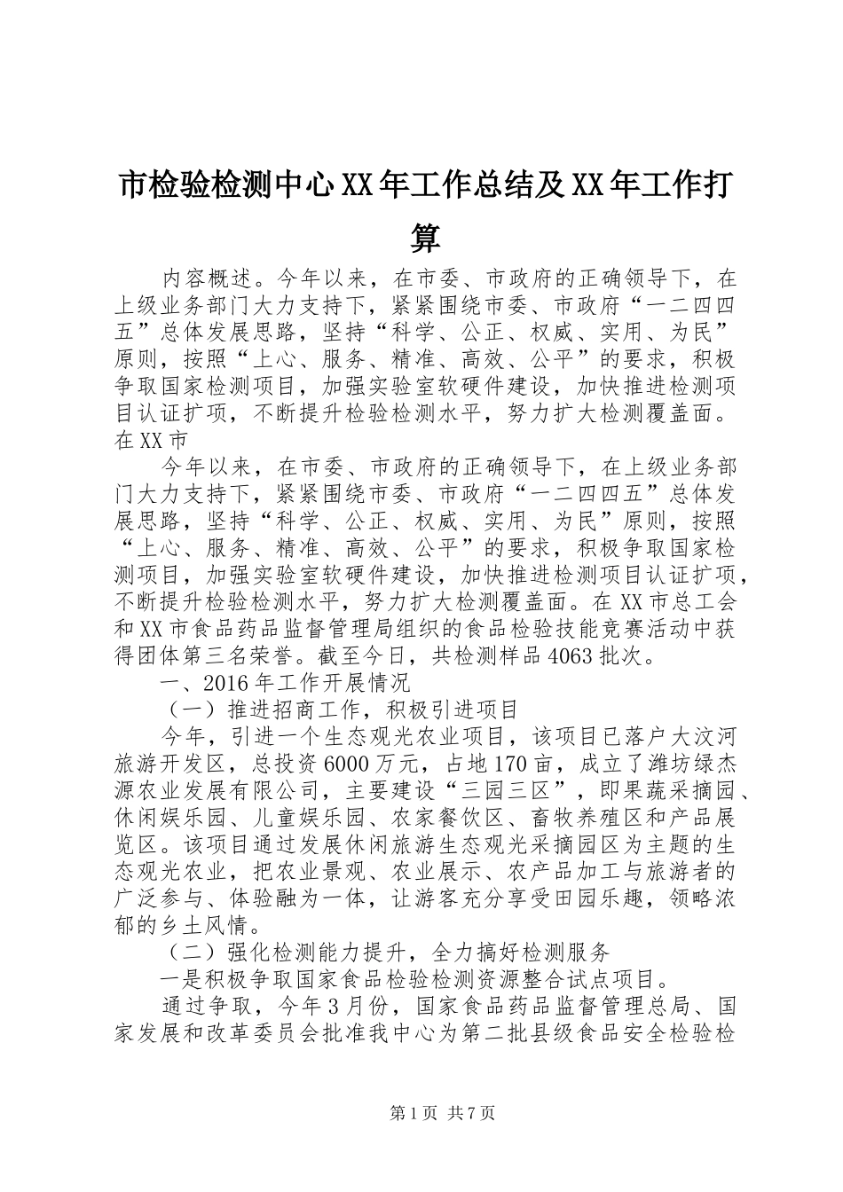市检验检测中心XX年工作总结及XX年工作打算_第1页