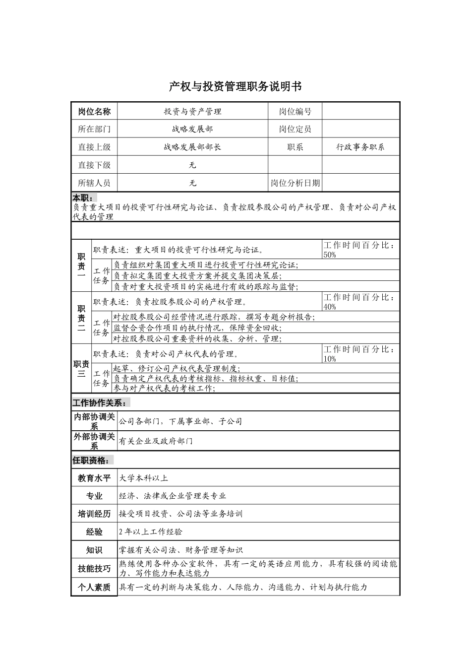 产权与投资管理岗位说明书_第1页