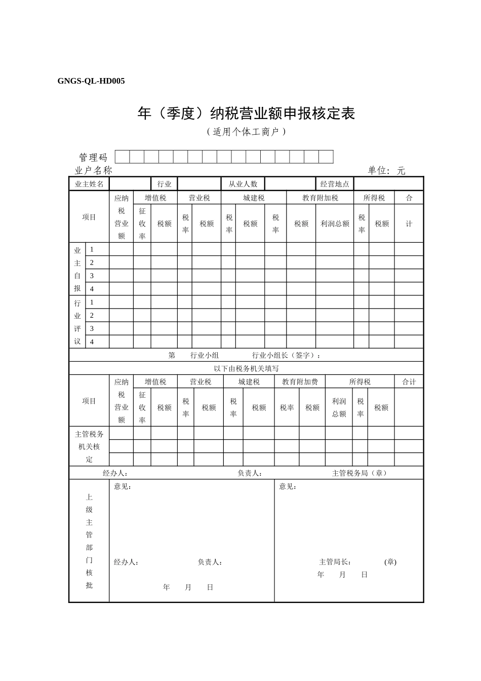 GNGS-QL-HD005年（季度）纳税营业额申报核定表(ok)_第1页
