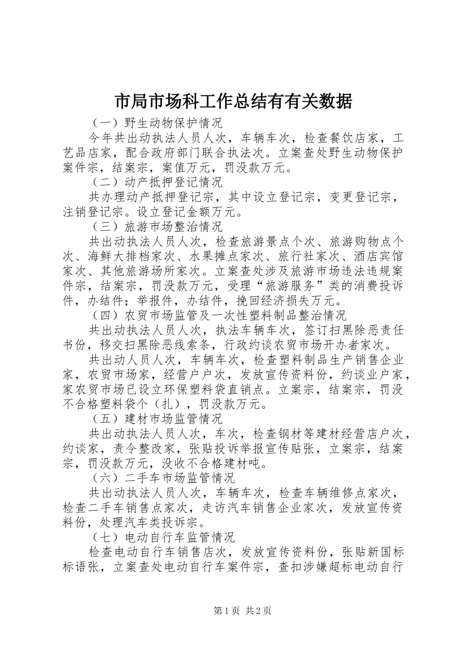 市局市场科工作总结有有关数据_第1页
