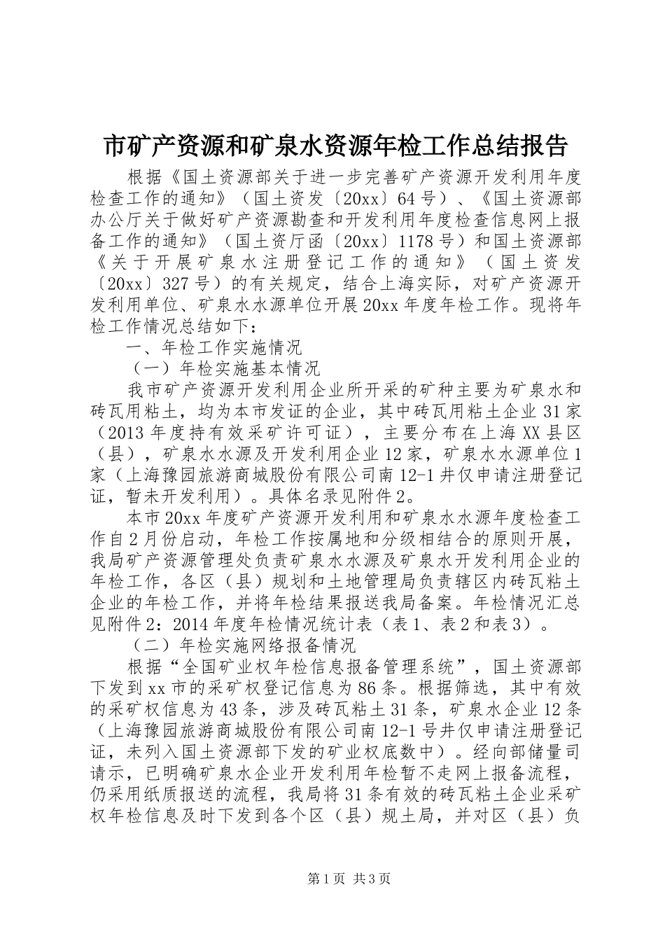 市矿产资源和矿泉水资源年检工作总结报告_第1页
