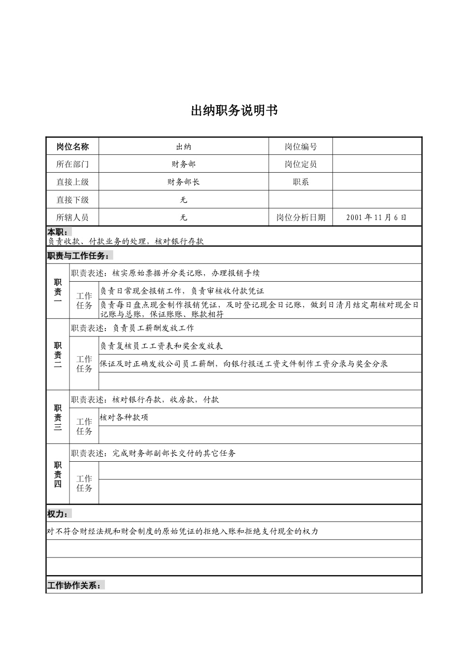 宝地建设集团财务部出纳职务说明书_第1页