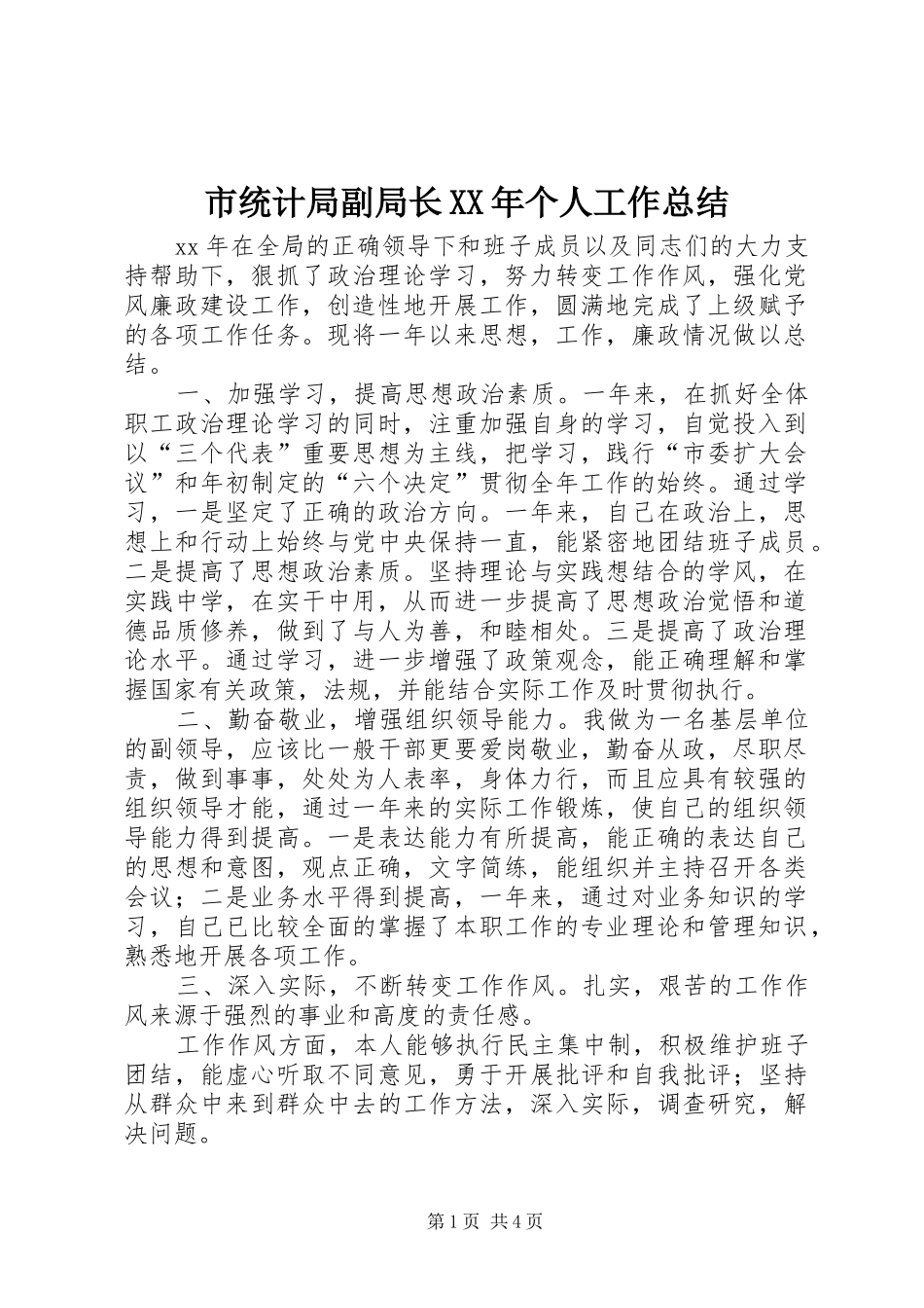 市统计局副局长XX年个人工作总结_第1页