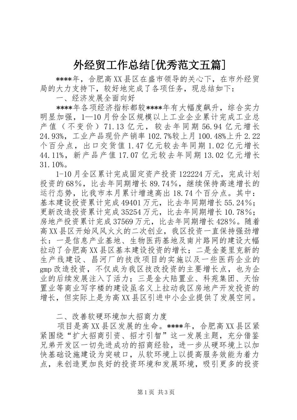 外经贸工作总结[优秀范文五篇]_第1页