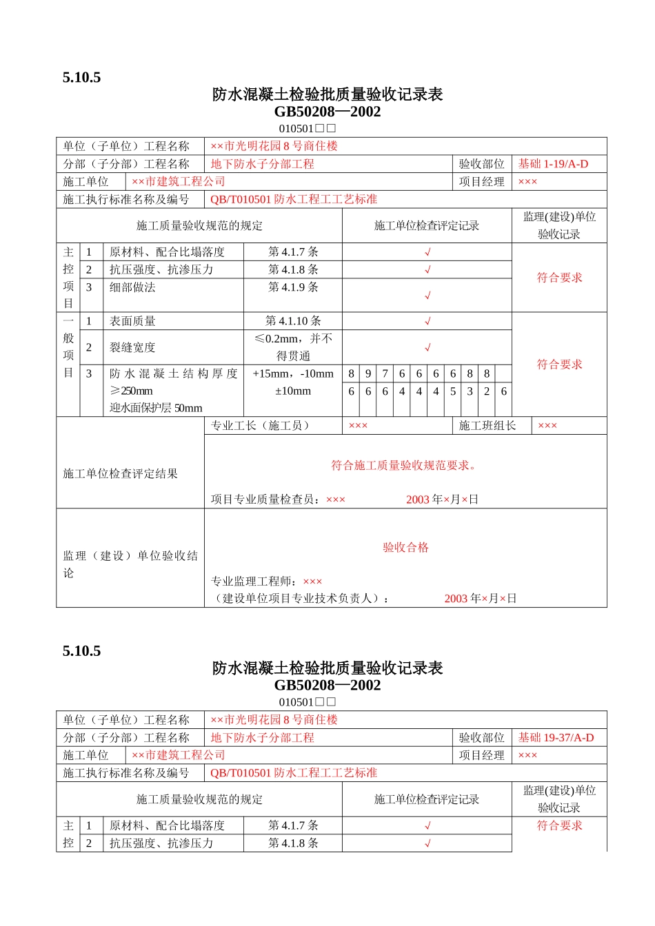 防水混凝土检验批质量验收记录(DOC8页)_第1页