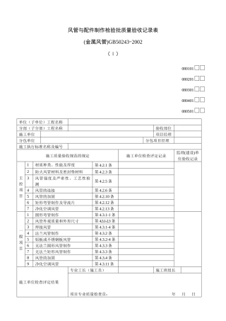 风管与配件制作检验批质量验收记录表(Ⅰ)