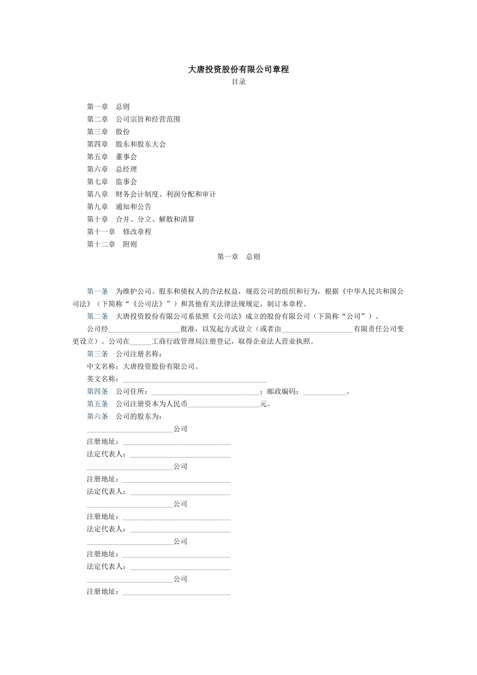 大唐投资股份有限公司章程_第1页