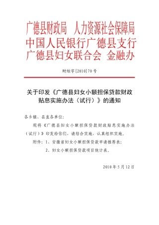 广德县妇女小额担保贷款财政贴息实施办法(试行)
