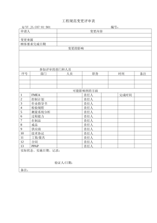 TS16949体系工程规范变更评审表