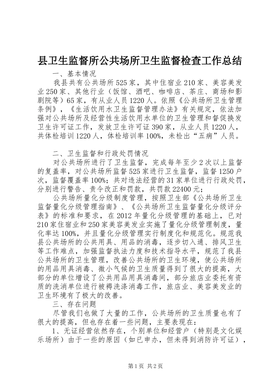 县卫生监督所公共场所卫生监督检查工作总结_第1页