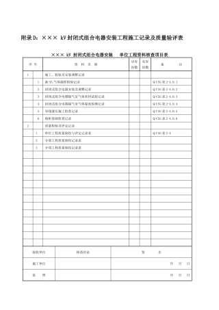 附录D：×××kV封闭式组合电器安装工程施工记录及质量验评表