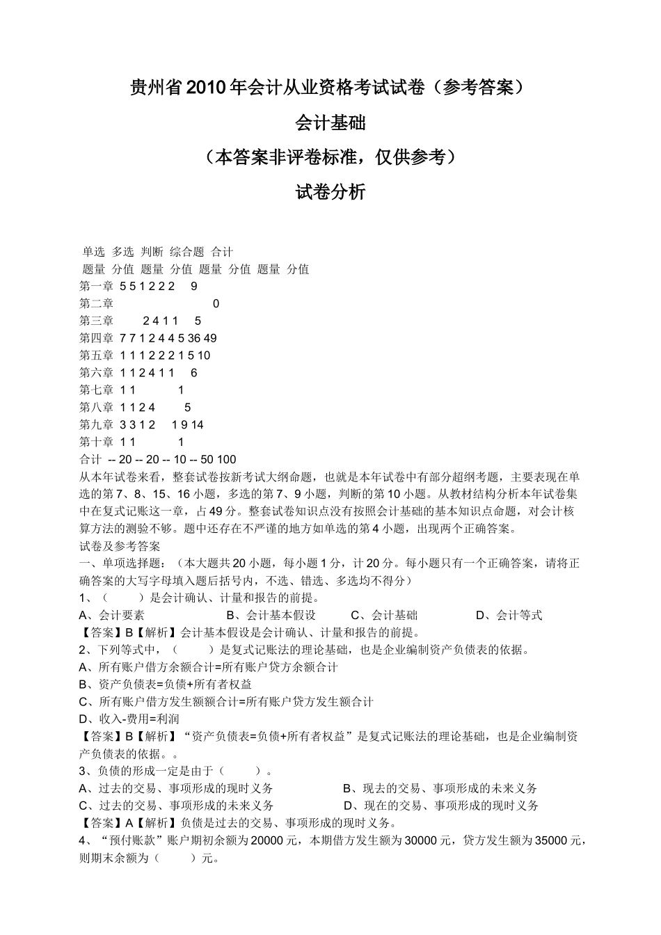 贵州省XXXX年会计从业资格考试试卷会计基础_第1页