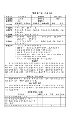 华东理工大学《商业银行学》教学大纲《商业银行学》