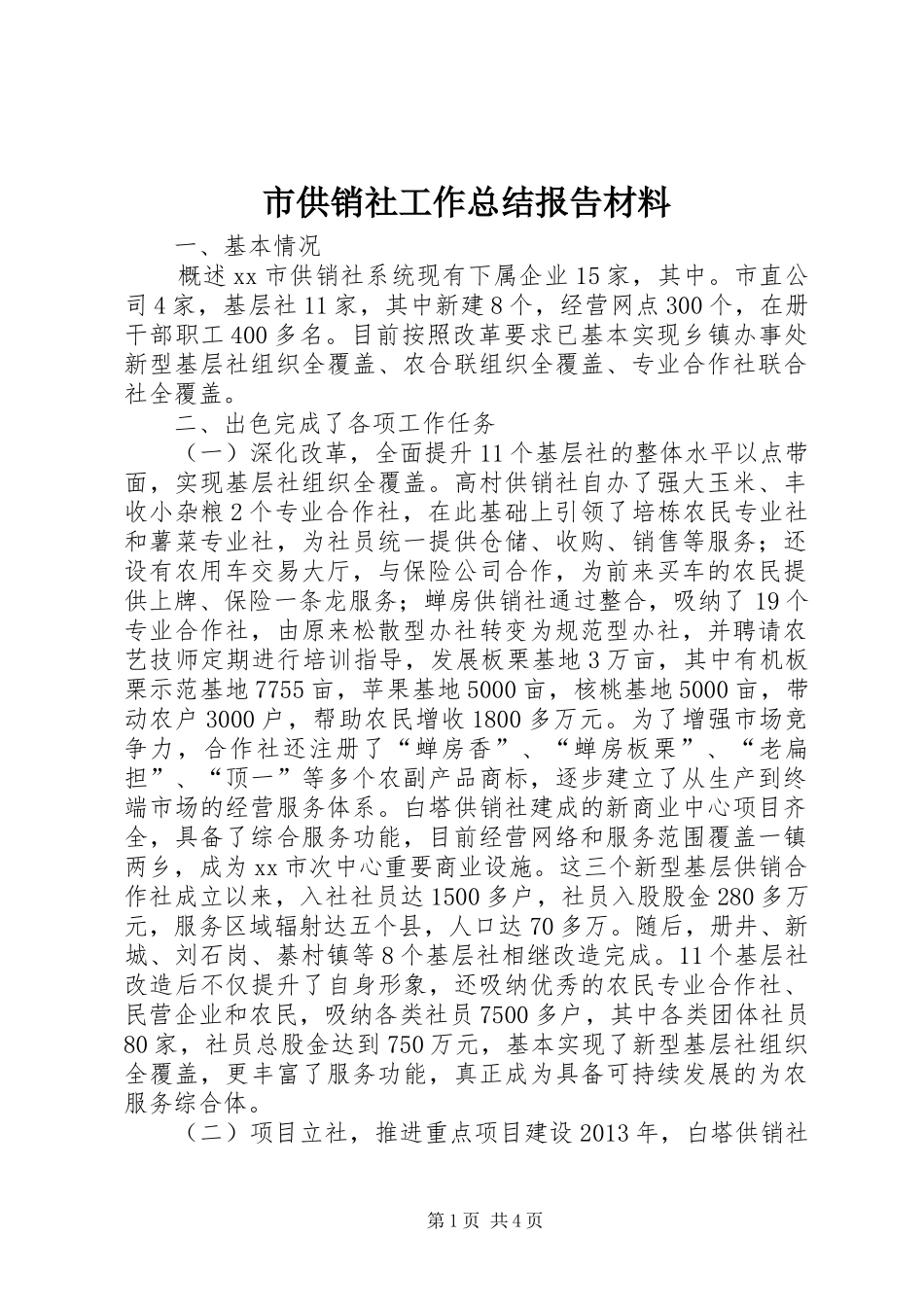 市供销社工作总结报告材料_第1页