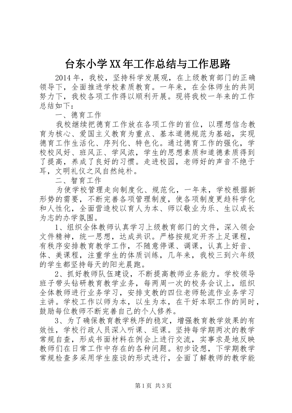 台东小学XX年工作总结与工作思路_第1页