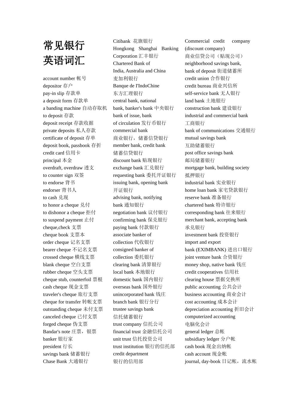 常见银行英语词汇(各种银行术语和句子全面介绍)_第1页
