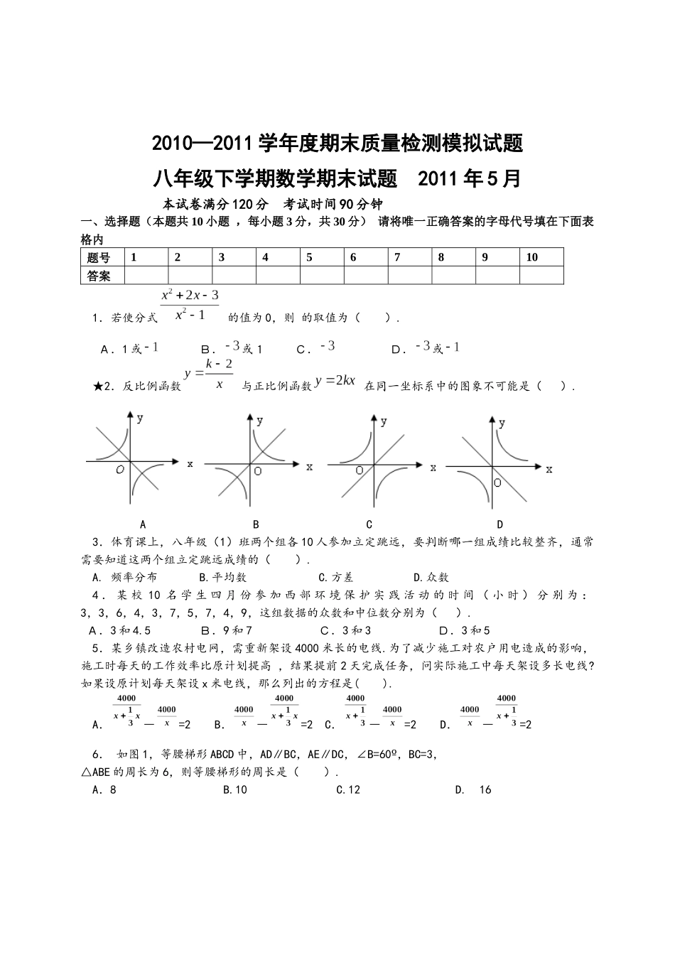 XXXX—XXXX学年度期末质量检测模拟试题_第1页