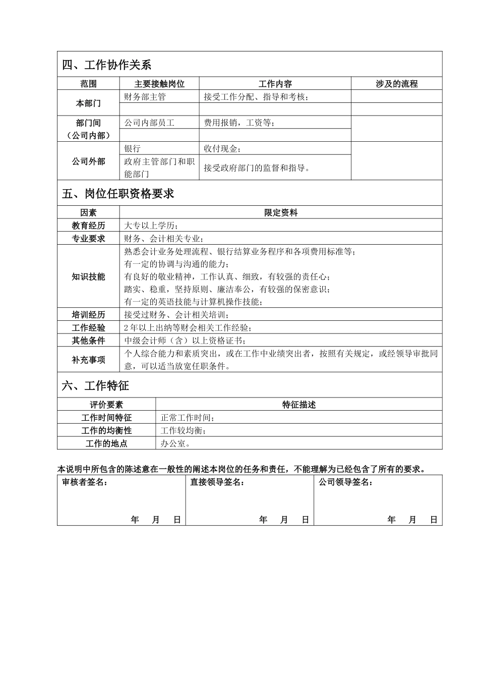 财务部出纳员岗位说明书_第2页