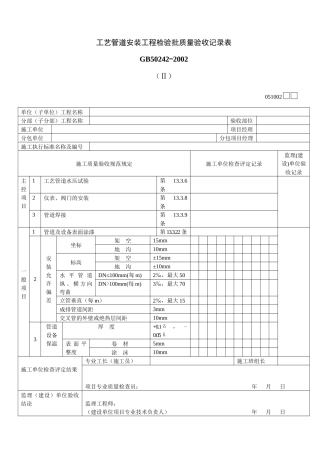 工艺管道安装工程检验批质量验收记录表Ⅱ