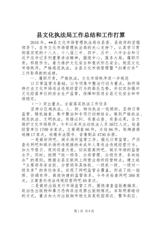 县文化执法局工作总结和工作打算