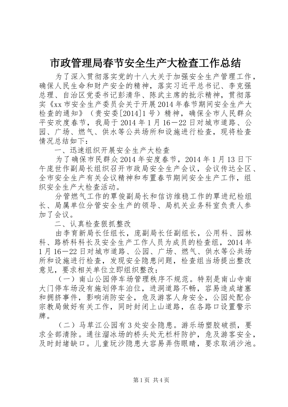 市政管理局春节安全生产大检查工作总结_第1页