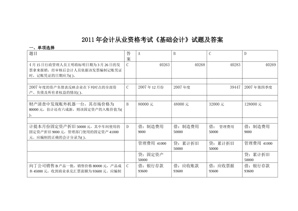 XXXX年会计从业资格考试《基础会计》真题答案_第1页