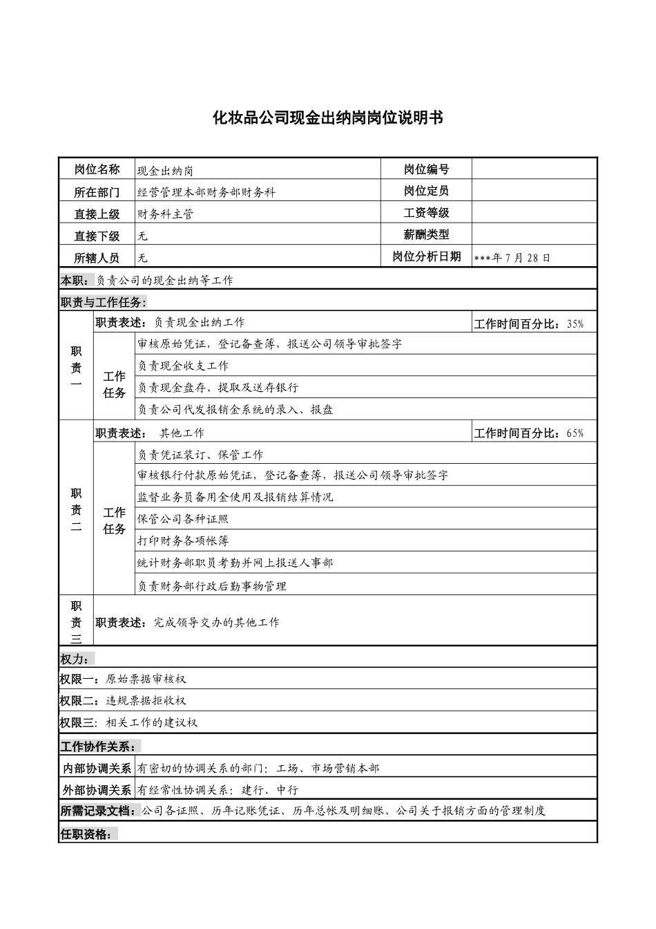 化妆品公司现金出纳岗岗位说明书_第1页