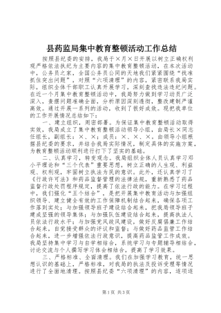 县药监局集中教育整顿活动工作总结