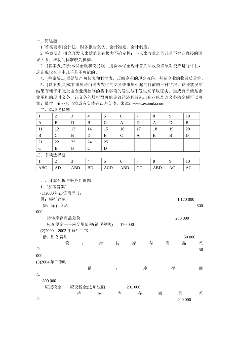 MPAcc财务会计考试样题参考答案_第1页