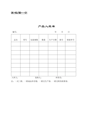 财务表格- 产品入库单
