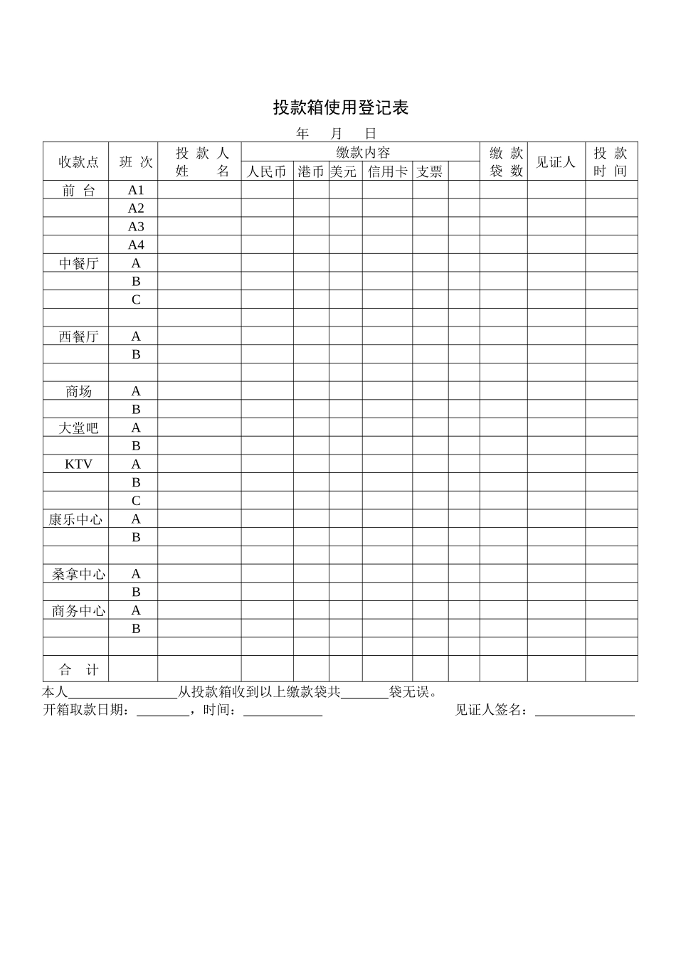 财务部系列表单-投款箱使用登记表_第1页