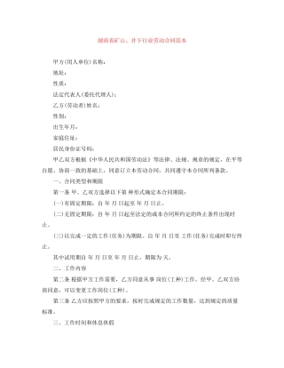 湖南省矿山井下行业劳动合同范本
