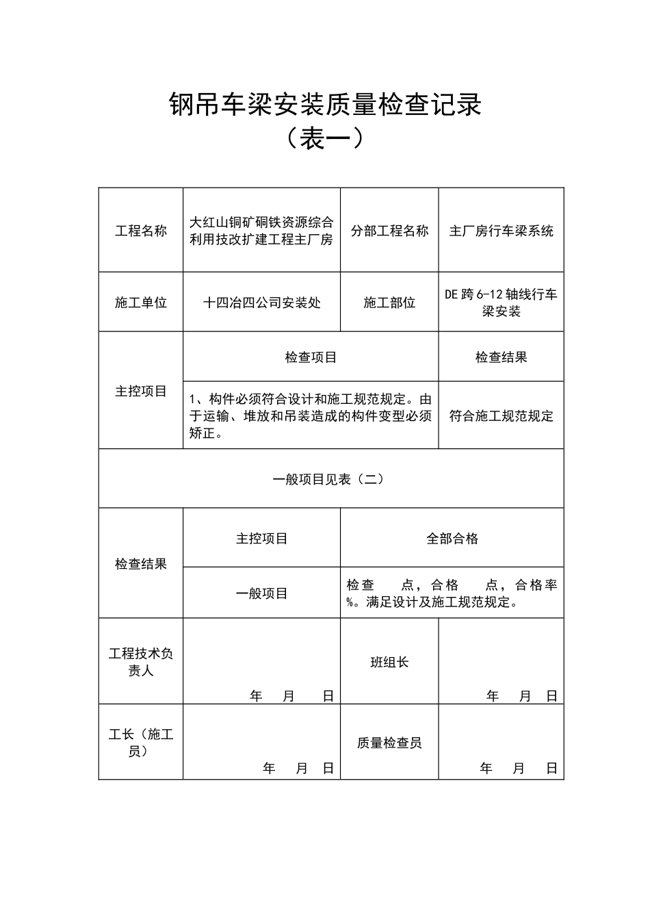 钢吊车梁安装质量检查记录—(表一)_第1页
