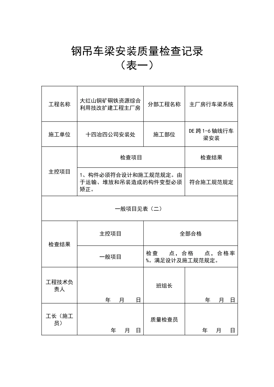 钢吊车梁安装质量检查记录—(表一)_第3页
