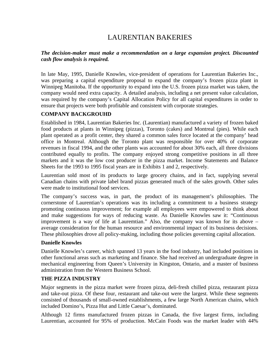 财务管理案例（LAURENTIAN  BAKERIES）_第1页