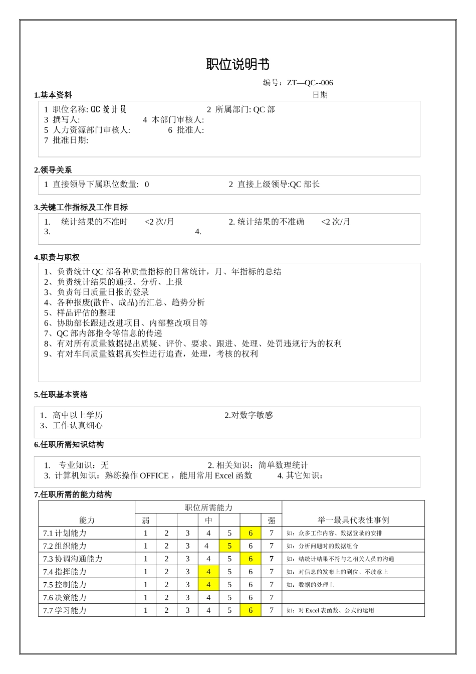 QC统计员职位说明书_第1页