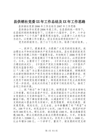 县供销社党委XX年工作总结及XX年工作思路