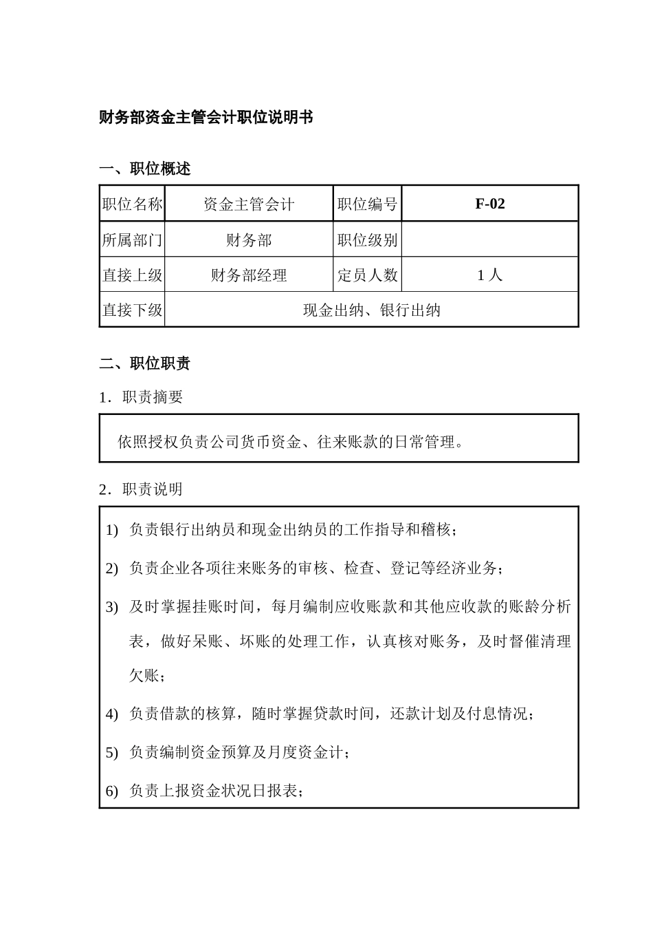 财务部资金主管会计职位说明书_第1页
