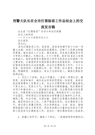 刑警大队长在全市打黑除恶工作总结会上的交流发言稿