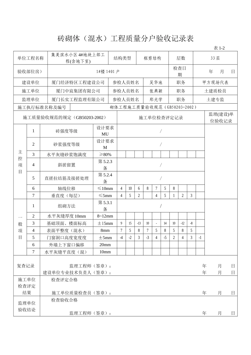 表1-2砖砌体(混水)工程质量分户验收记录表14-33_第1页