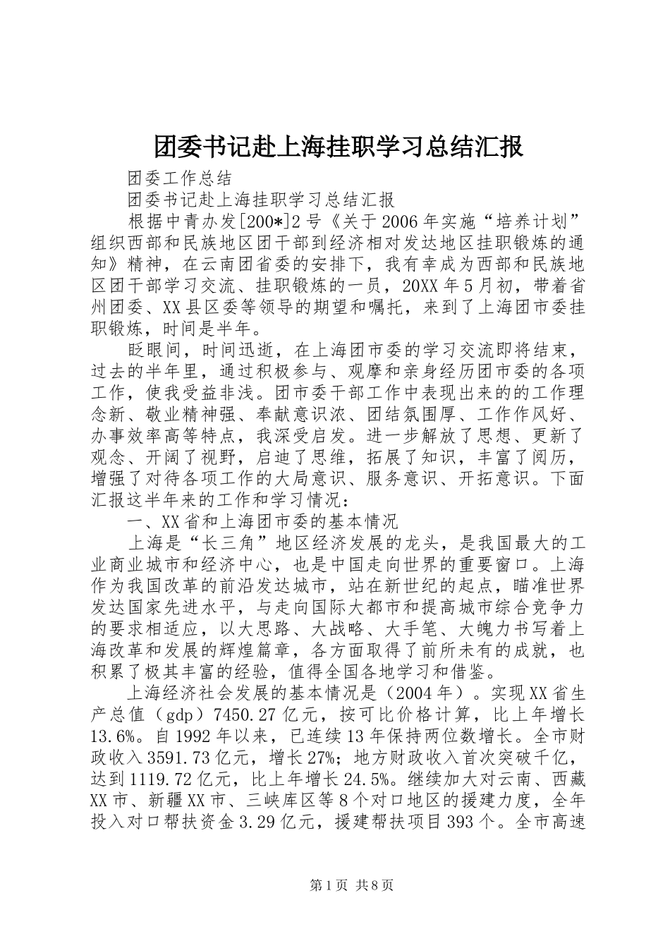 团委书记赴上海挂职学习总结汇报_第1页