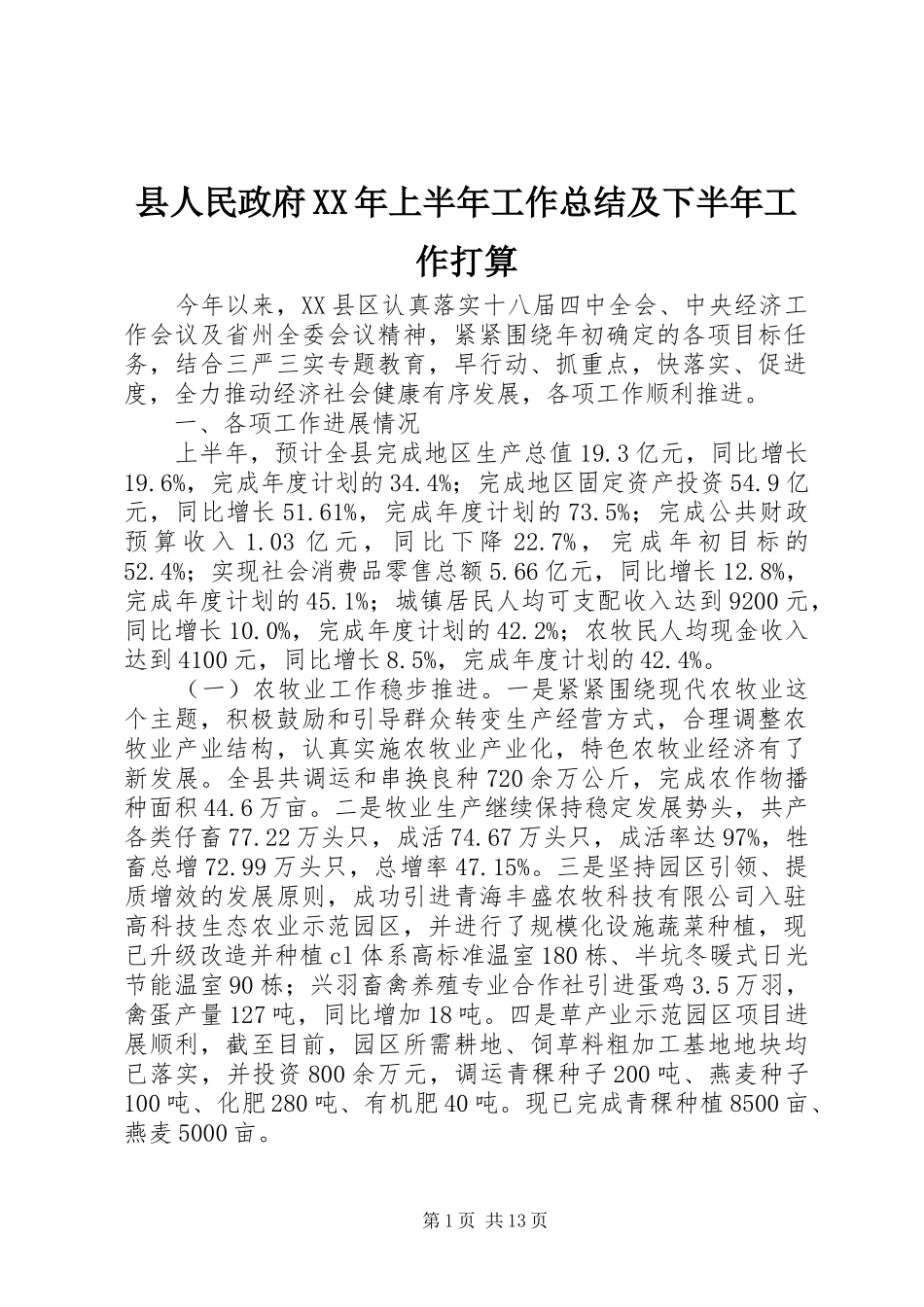 县人民政府XX年上半年工作总结及下半年工作打算_第1页
