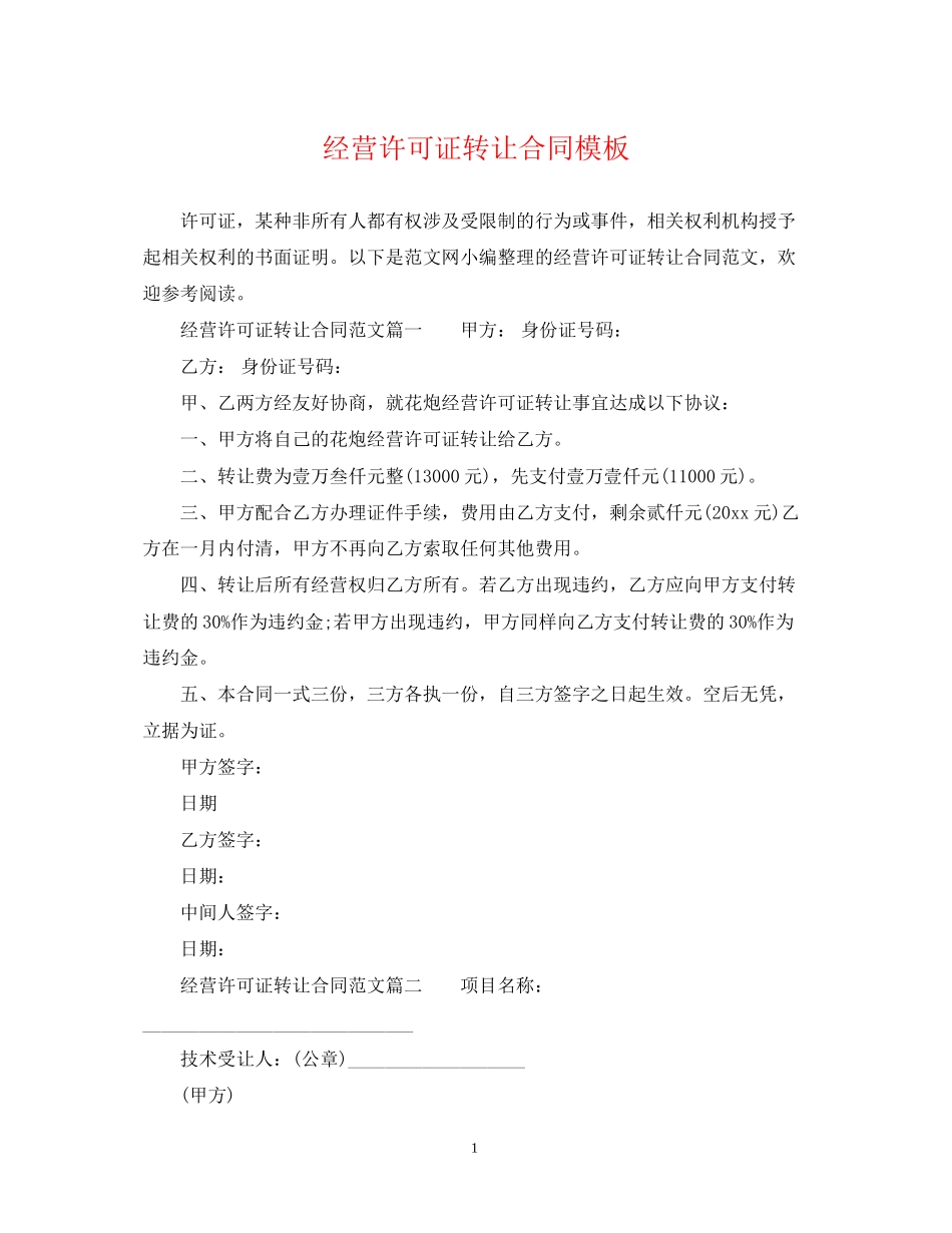 经营许可证转让合同模板_第1页