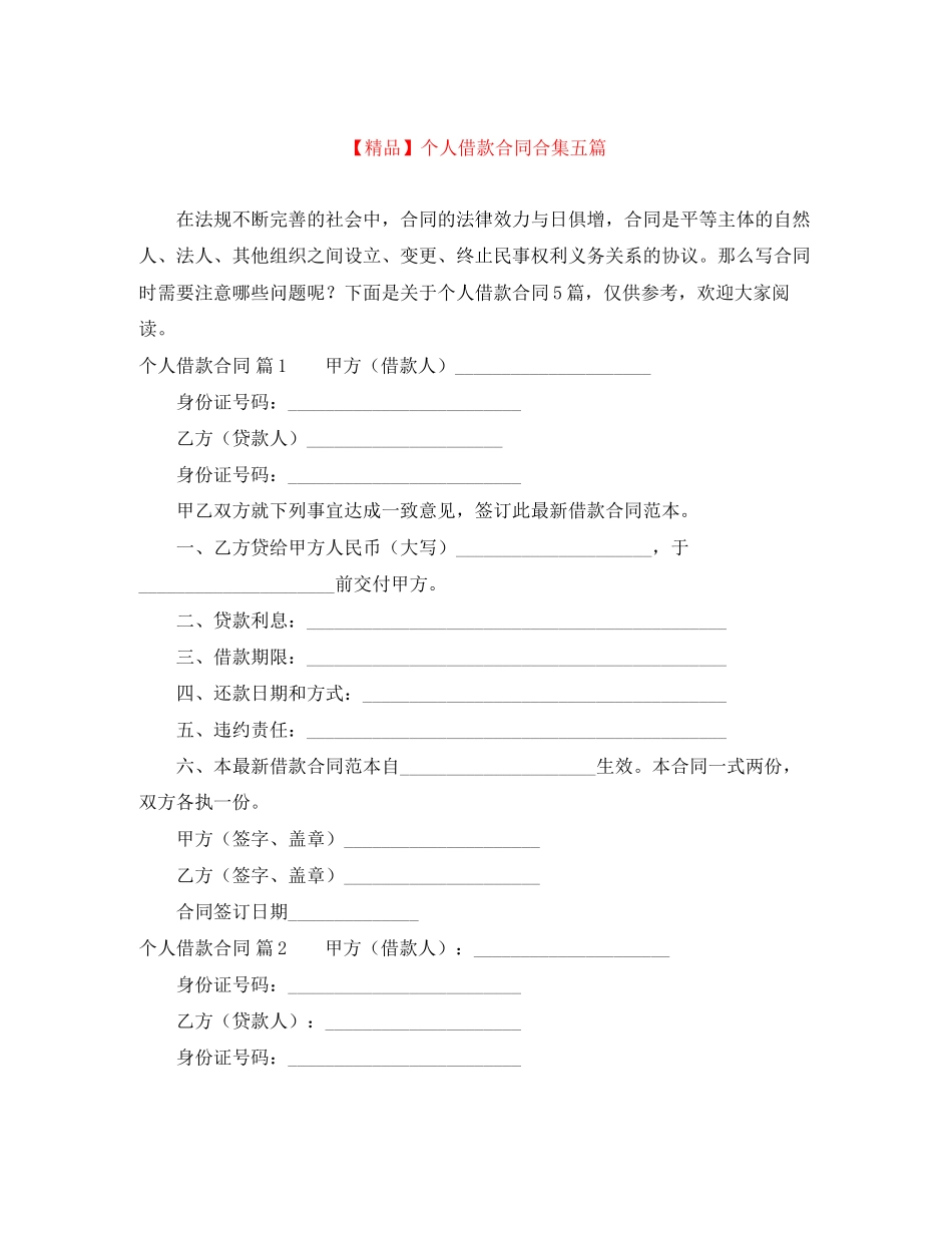个人借款合同合集五篇_第1页