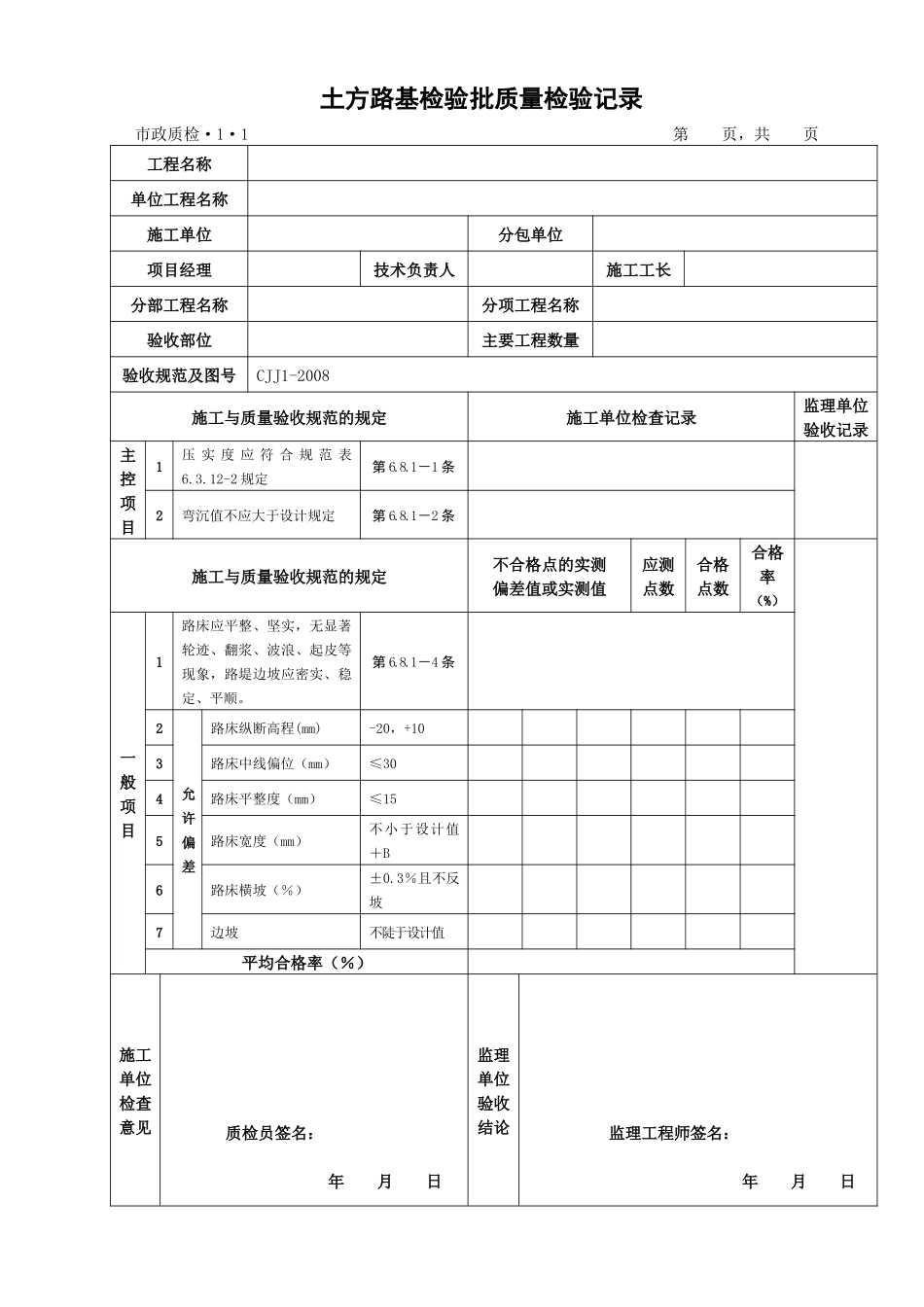 检验批质量检验记录表格新内业表城镇道路工程(CJJ1-20_第1页