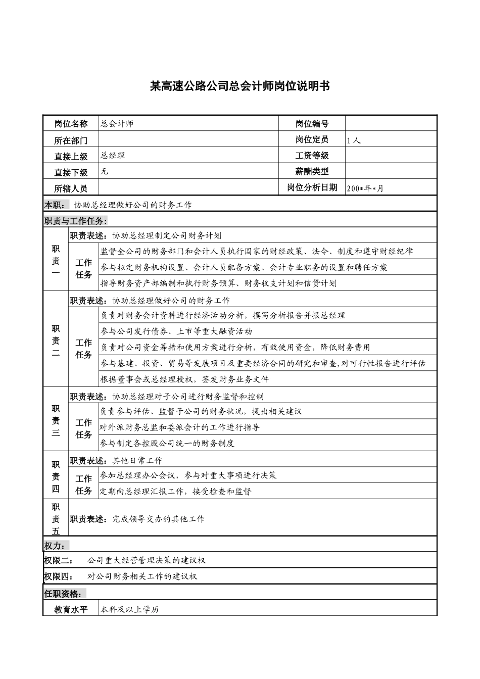 某高速公路公司总会计师岗位说明书_第1页