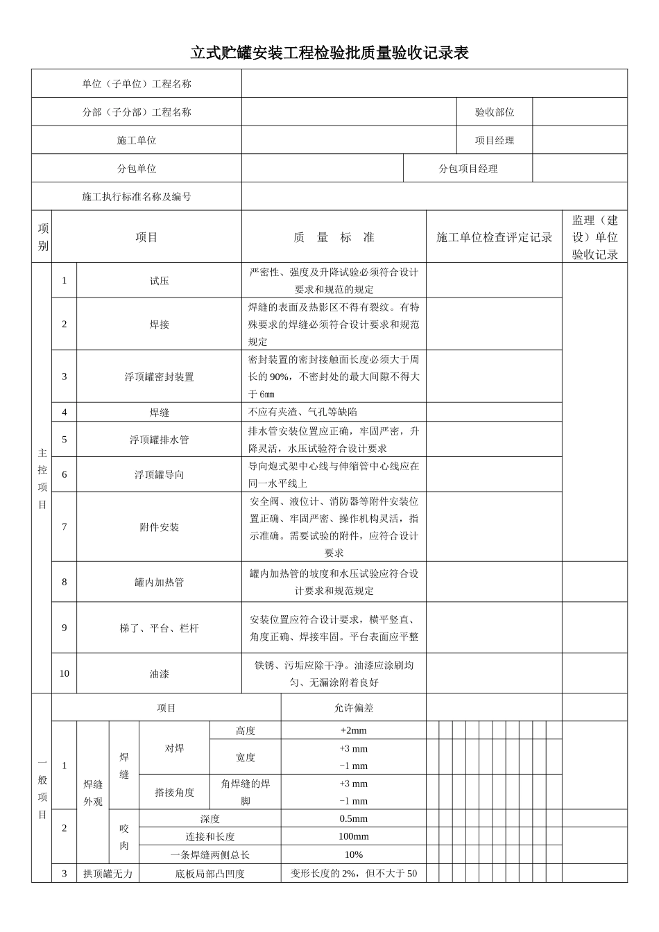 立式贮罐安装工程检验批质量验收记录表_第1页